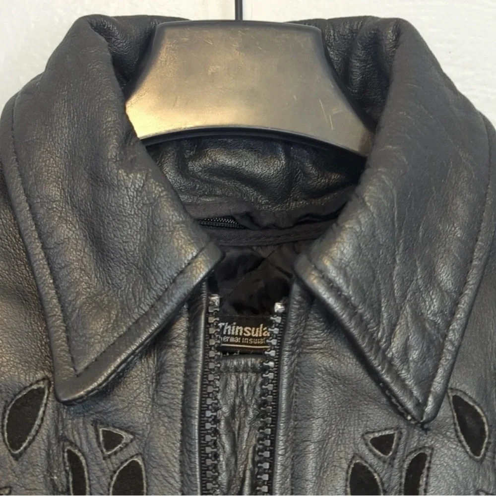 Vintage Leather Jacket  Black Fringe And Roses - Picture 5 of 6